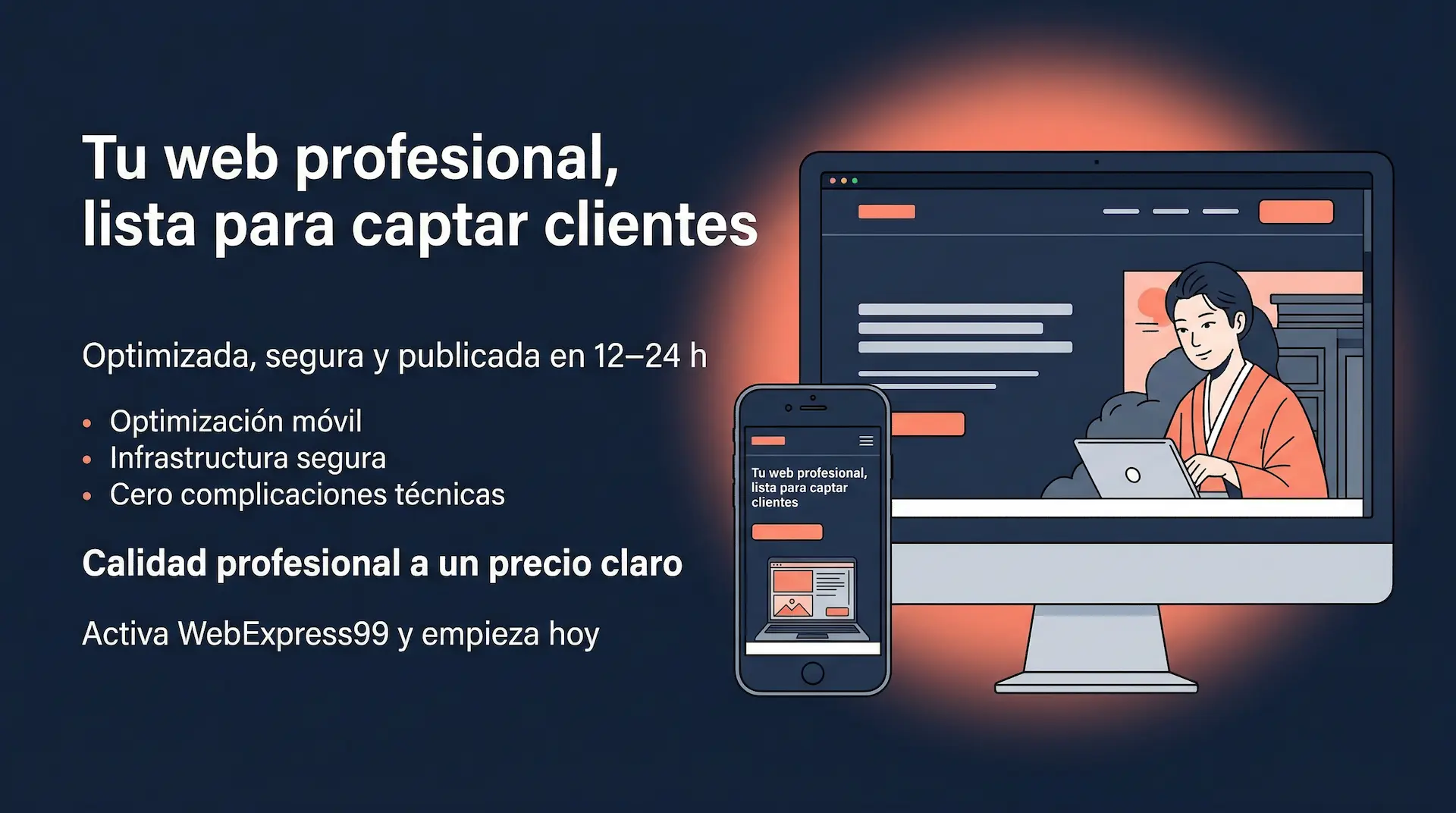 Web profesional para negocio – WebExpress99 CTA final de WebExpress99 con web profesional lista para captar clientes, segura y publicada en 12–24 horas